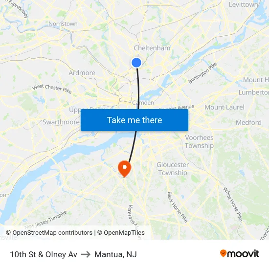 10th St & Olney Av to Mantua, NJ map