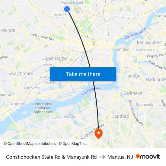 Conshohocken State Rd & Manayunk Rd to Mantua, NJ map