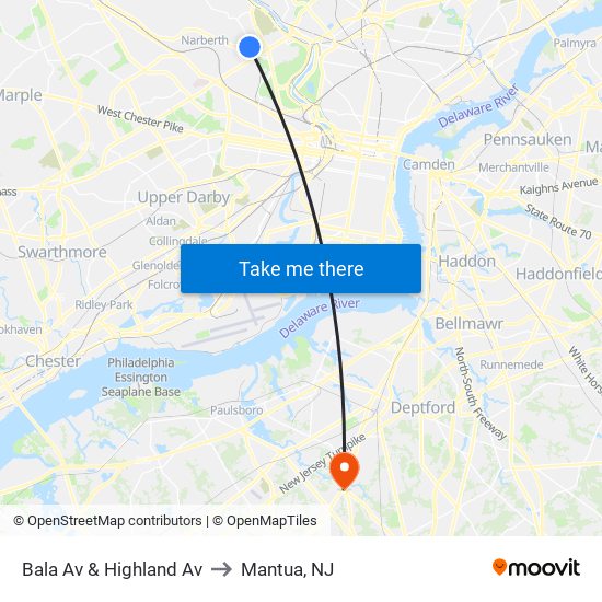 Bala Av & Highland Av to Mantua, NJ map