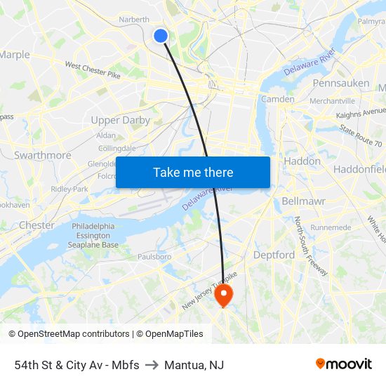 54th St & City Av - Mbfs to Mantua, NJ map