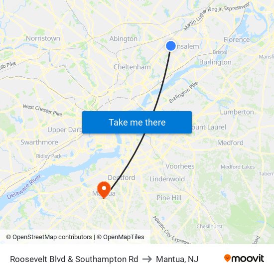 Roosevelt Blvd & Southampton Rd to Mantua, NJ map