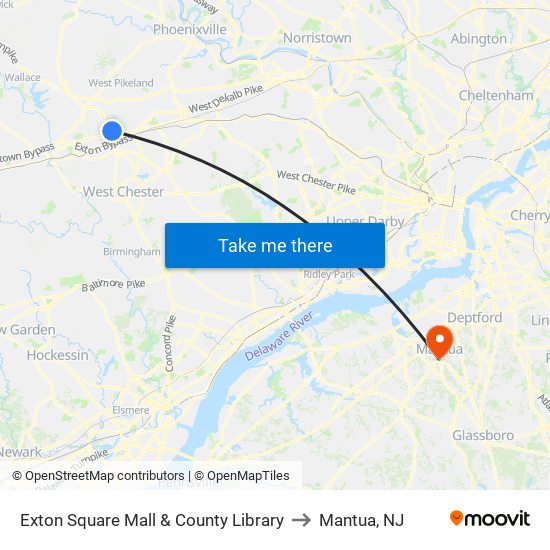 Exton Square Mall & County Library to Mantua, NJ map