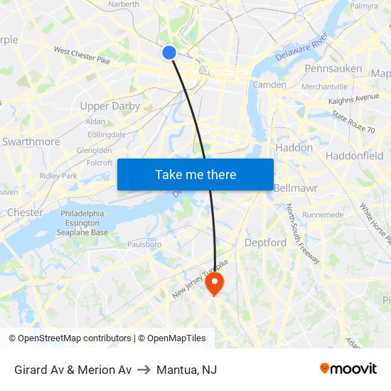 Girard Av & Merion Av to Mantua, NJ map