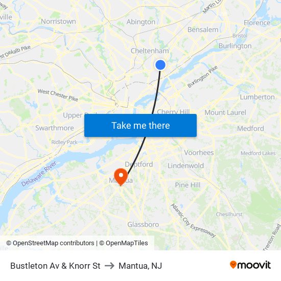 Bustleton Av & Knorr St to Mantua, NJ map