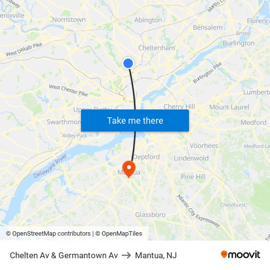 Chelten Av & Germantown Av to Mantua, NJ map