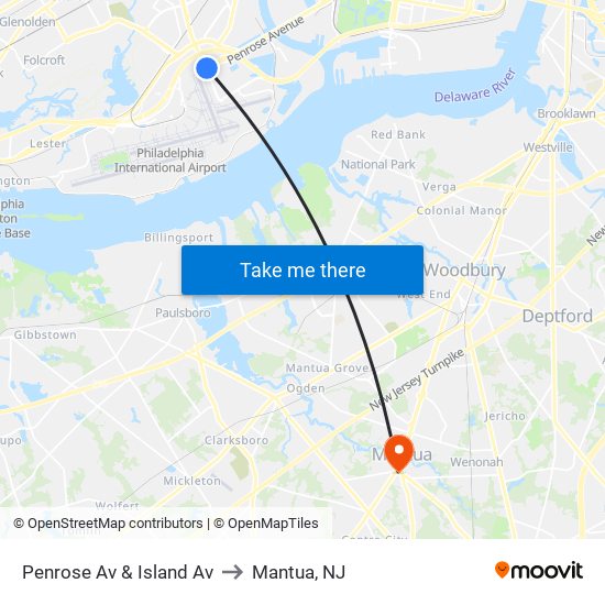 Penrose Av & Island Av to Mantua, NJ map