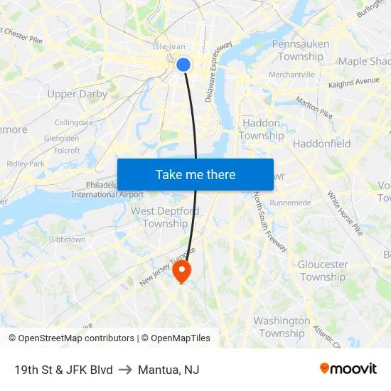 19th St & JFK Blvd to Mantua, NJ map