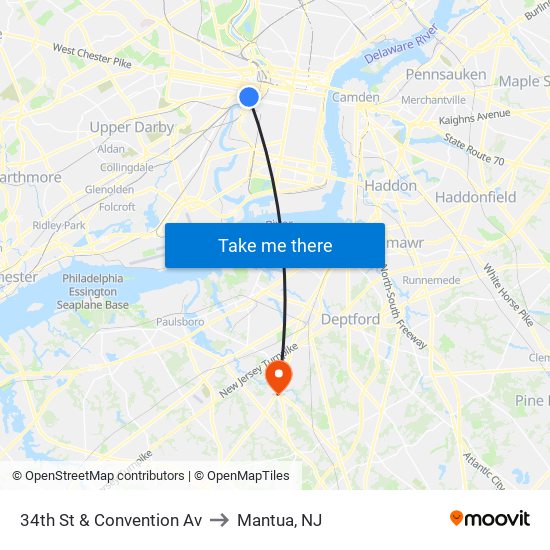 34th St & Convention Av to Mantua, NJ map