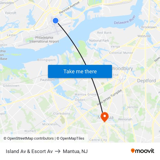 Island Av & Escort Av to Mantua, NJ map