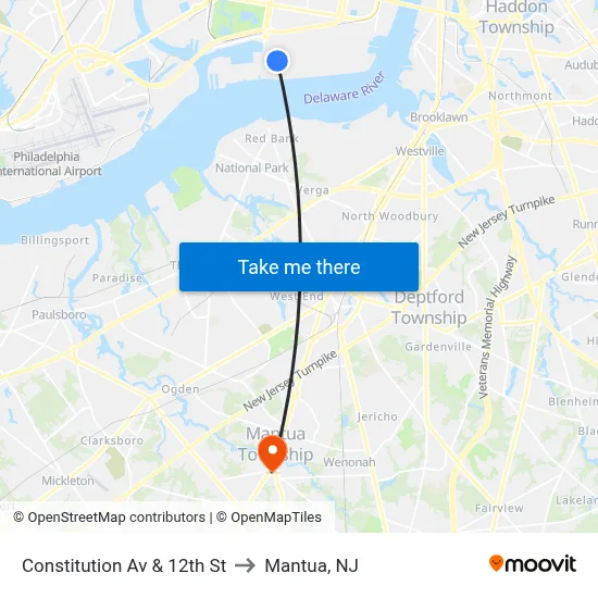 Constitution Av & 12th St to Mantua, NJ map