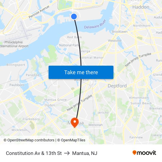 Constitution Av & 13th St to Mantua, NJ map