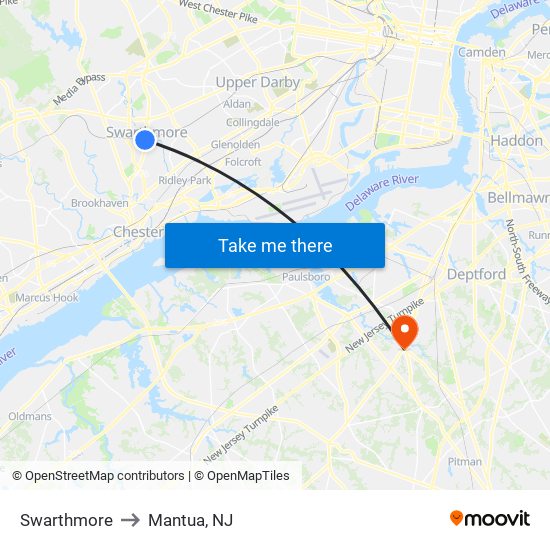 Swarthmore to Mantua, NJ map