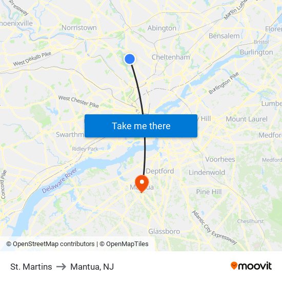 St. Martins to Mantua, NJ map