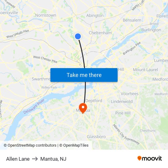 Allen Lane to Mantua, NJ map