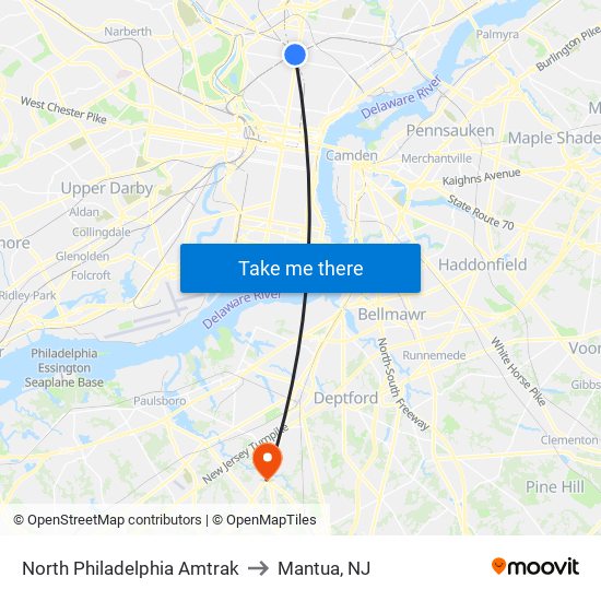 North Philadelphia Amtrak to Mantua, NJ map