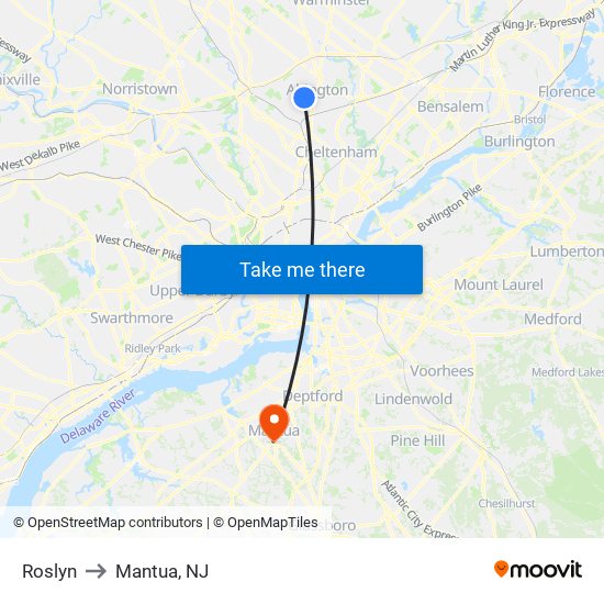 Roslyn to Mantua, NJ map