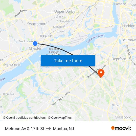 Melrose Av & 17th St to Mantua, NJ map