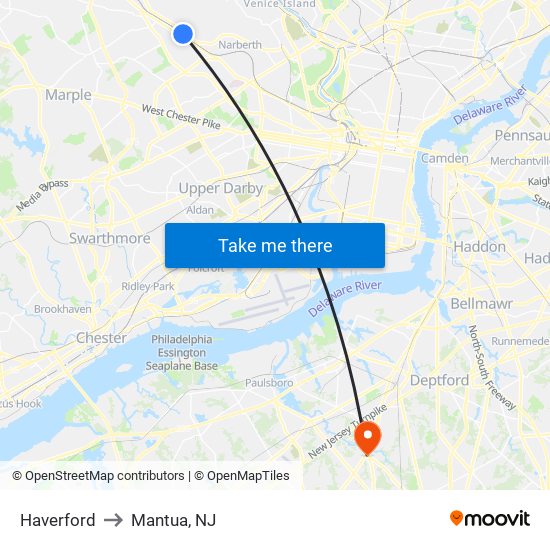 Haverford to Mantua, NJ map