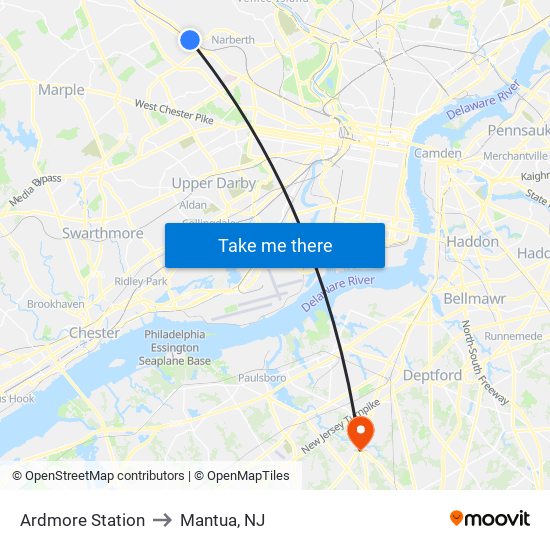 Ardmore Station to Mantua, NJ map