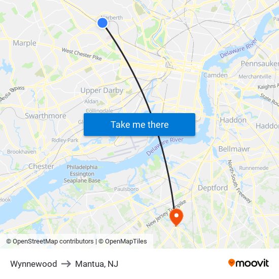 Wynnewood to Mantua, NJ map