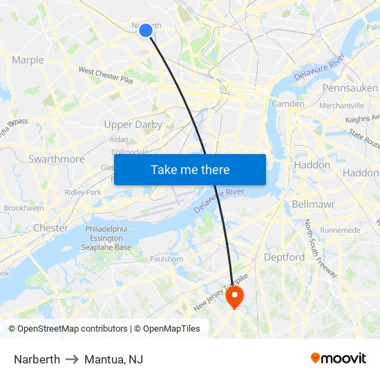 Narberth to Mantua, NJ map