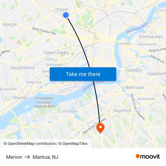 Merion to Mantua, NJ map