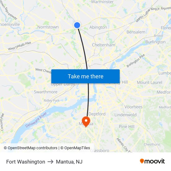 Fort Washington to Mantua, NJ map