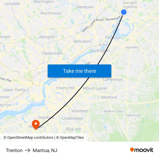 Trenton to Mantua, NJ map