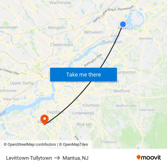 Levittown-Tullytown to Mantua, NJ map