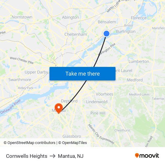 Cornwells Heights to Mantua, NJ map