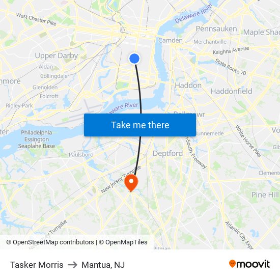 Tasker Morris to Mantua, NJ map