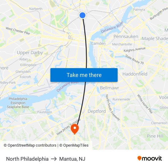 North Philadelphia to Mantua, NJ map