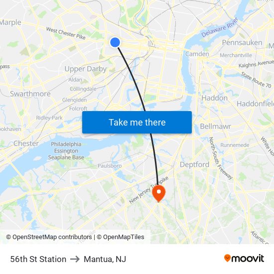 56th St Station to Mantua, NJ map