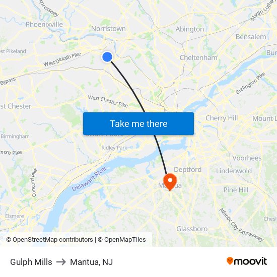 Gulph Mills to Mantua, NJ map