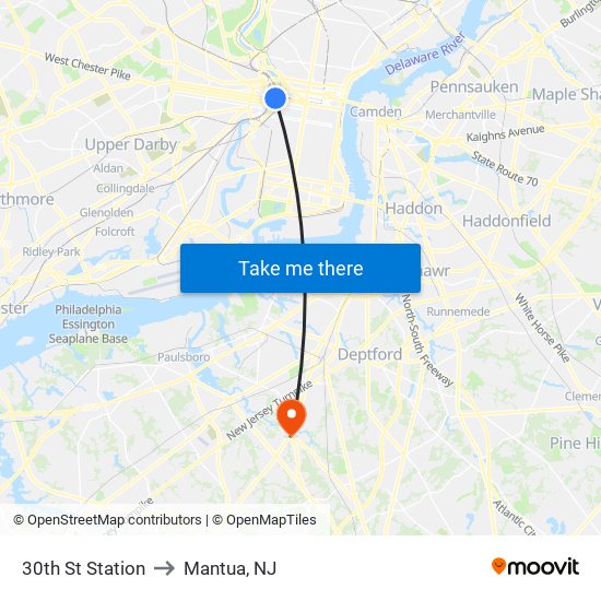30th St Station to Mantua, NJ map
