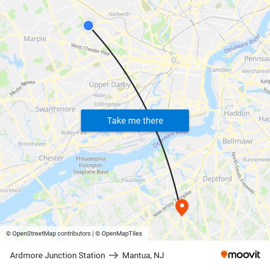 Ardmore Junction Station to Mantua, NJ map