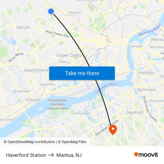 Haverford Station to Mantua, NJ map