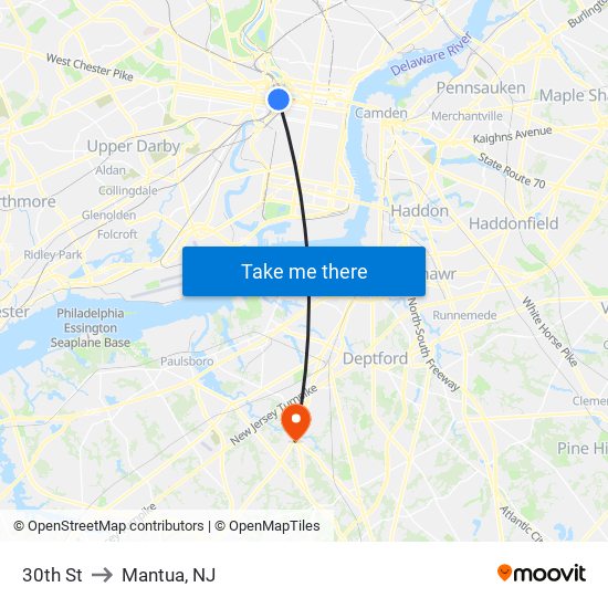 30th St to Mantua, NJ map