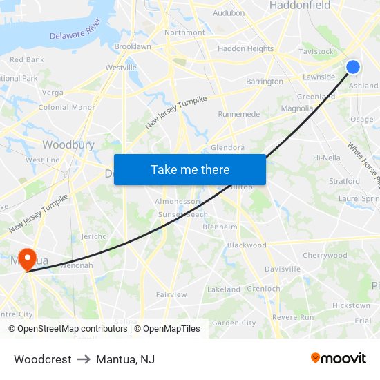 Woodcrest to Mantua, NJ map