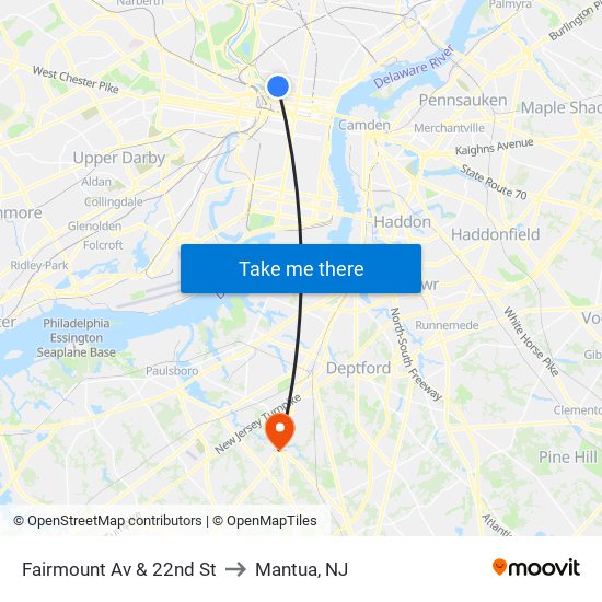 Fairmount Av & 22nd St to Mantua, NJ map