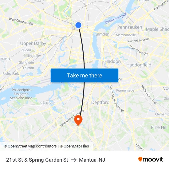 21st St & Spring Garden St to Mantua, NJ map