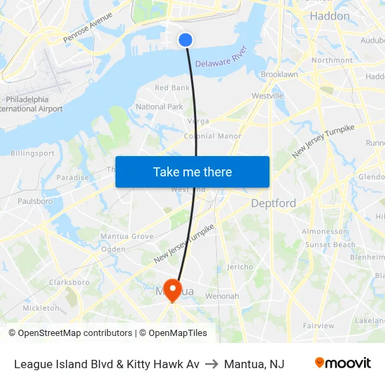 League Island Blvd & Kitty Hawk Av to Mantua, NJ map