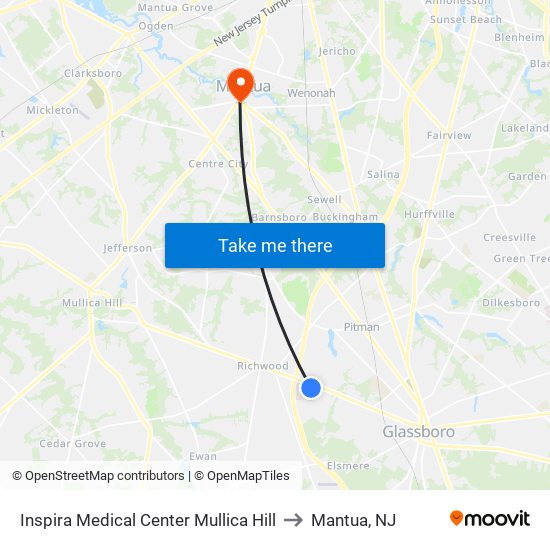 Inspira Medical Center Mullica Hill to Mantua, NJ map