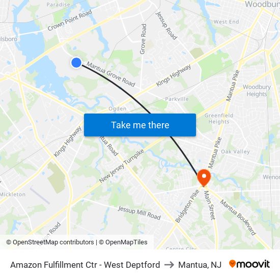 Amazon Fulfillment Ctr - West Deptford to Mantua, NJ map