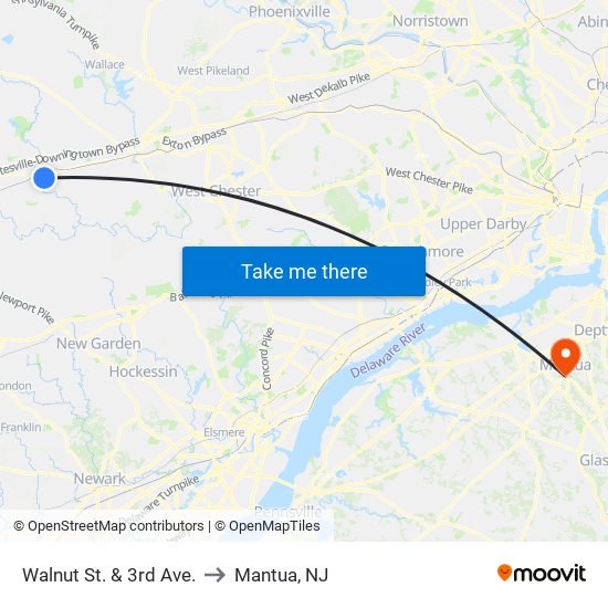 Walnut St. & 3rd Ave. to Mantua, NJ map