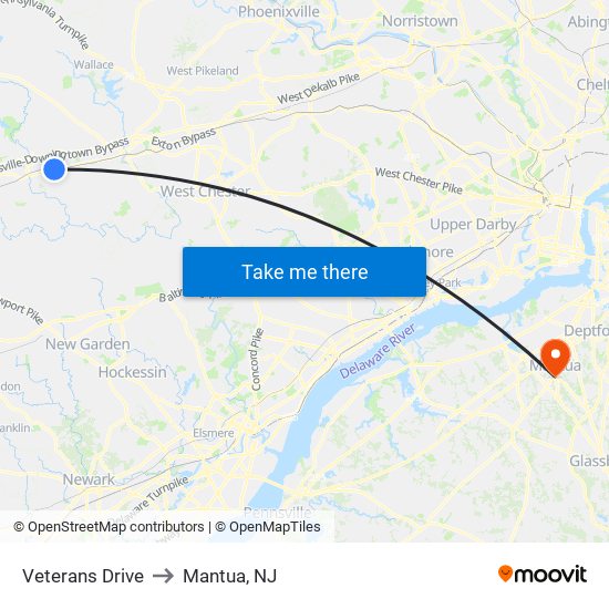 Veterans Drive to Mantua, NJ map