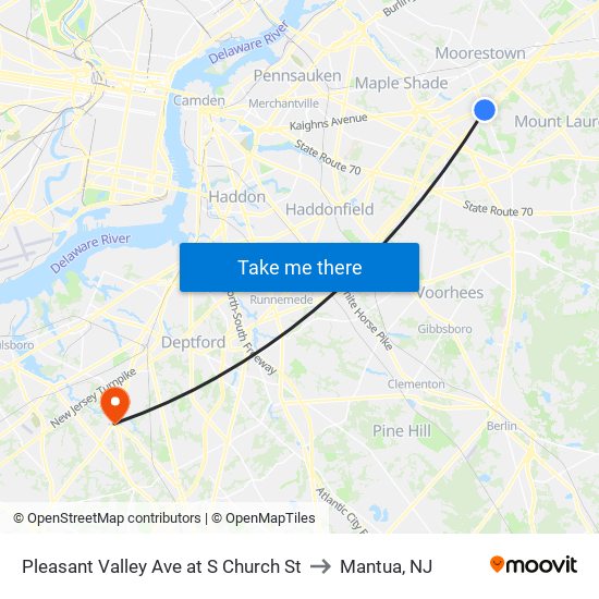 Pleasant Valley Ave at S Church St to Mantua, NJ map