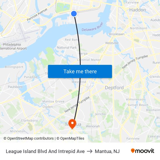 League Island Blvd And Intrepid Ave to Mantua, NJ map