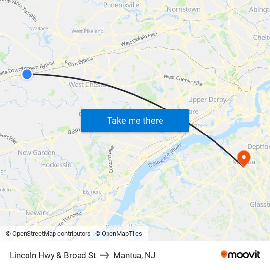 Lincoln Hwy & Broad St to Mantua, NJ map