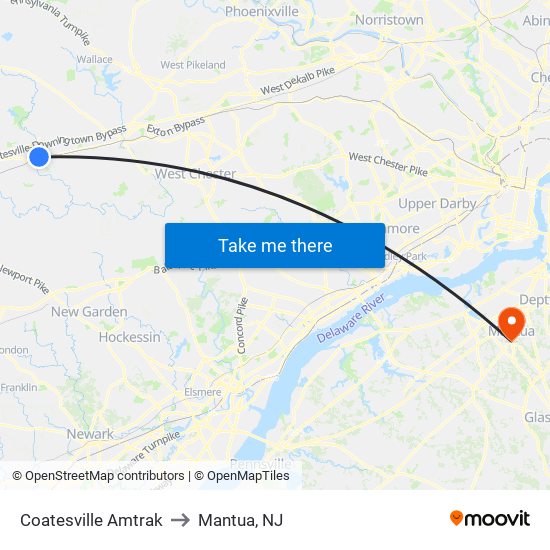 Coatesville Amtrak to Mantua, NJ map